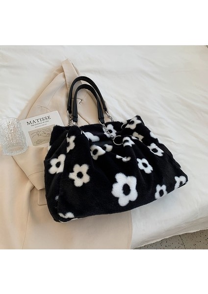 Faux Fur Tote Love Pattern Kürklü Omuz Çantası Yumuşak Peluş Seyahat