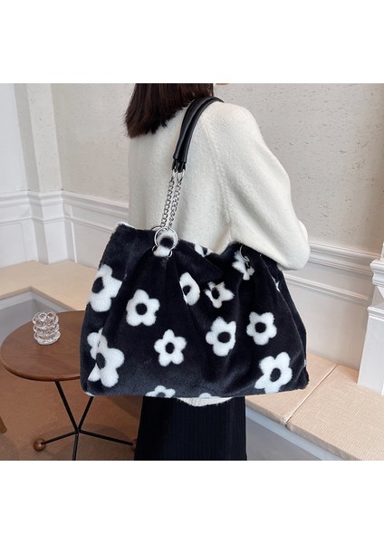 Faux Fur Tote Love Pattern Kürklü Omuz Çantası Yumuşak Peluş Seyahat modelleri