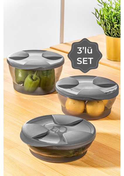 3lü Kapaklı Yuvarlak Saklama Kabı 1x(2 Litre, 1,5 Litre, 1 Litre)