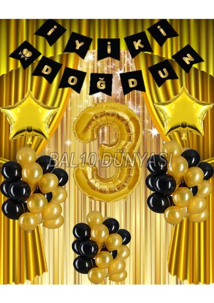 Gold Renk Yıldız Folyo Banner Balon Seti 3 Yaş