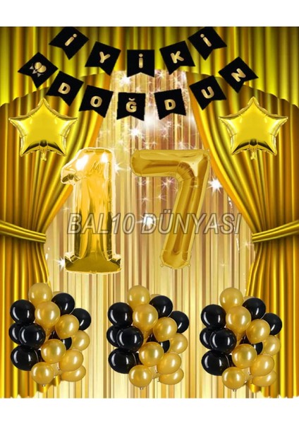 Gold Renk Yıldız Folyo Banner Balon Seti 17 Yaş