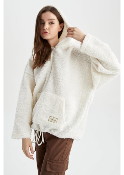 Oversize Fit Kapüşonlu Kanguru Cepli Yarım Fermuarlı Pelüş Sweatshirt Y5394AZ22WN