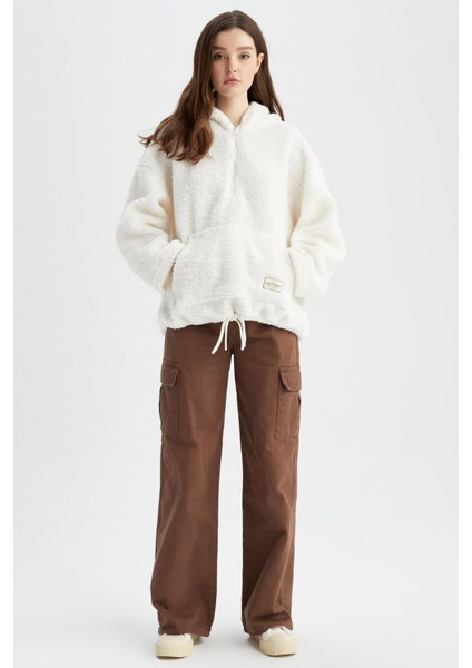 Oversize Fit Kapüşonlu Kanguru Cepli Yarım Fermuarlı Pelüş Sweatshirt Y5394AZ22WN fiyatları