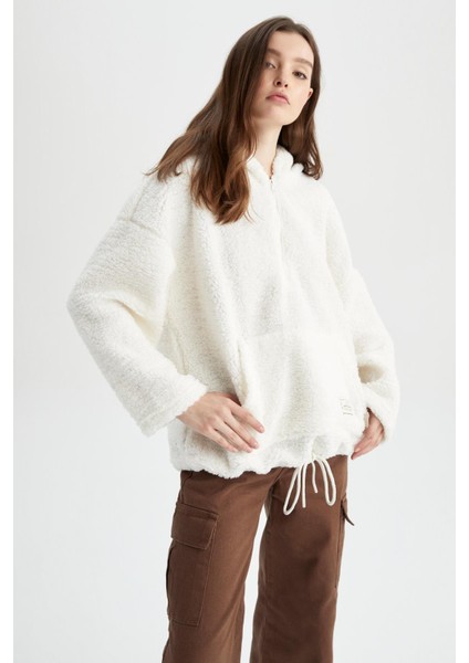 Oversize Fit Kapüşonlu Kanguru Cepli Yarım Fermuarlı Pelüş Sweatshirt Y5394AZ22WN modelleri