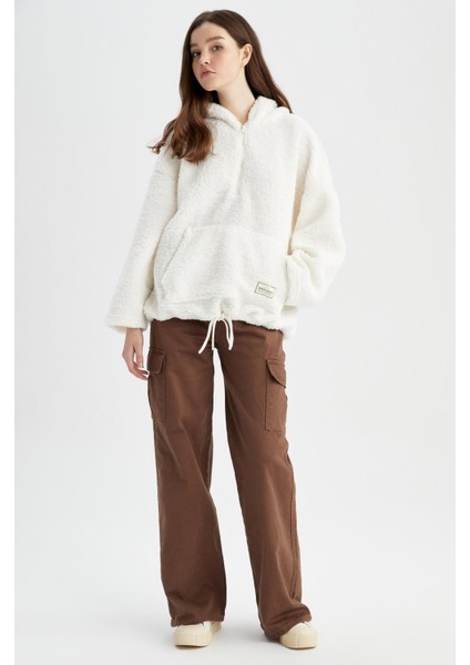 Oversize Fit Kapüşonlu Kanguru Cepli Yarım Fermuarlı Pelüş Sweatshirt Y5394AZ22WN indirimleri
