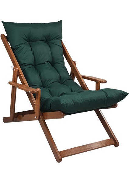 Ahşap Katlanabilir Taşınır Puf Minderli Kollu Şezlong. Plaj, Bahçe, Balkon Için (Ceviz-Yeşil)