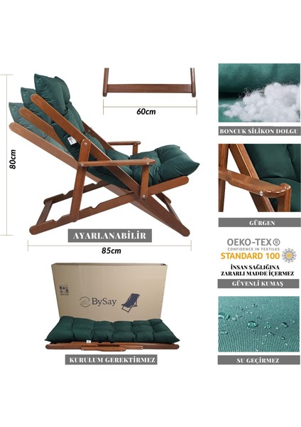 Ahşap Katlanabilir Taşınır Puf Minderli Kollu Şezlong. Plaj, Bahçe, Balkon Için (Ceviz-Yeşil) modelleri