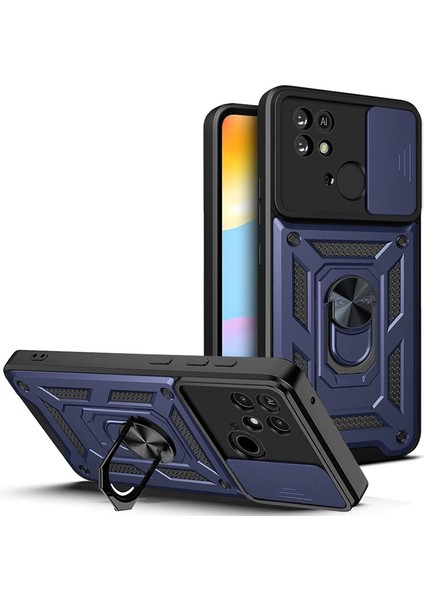 Xiaomi Redmi 10C Kılıf Sert Silikon Tank Aramid Sürgülü Vega Yüzüklü Lacivert