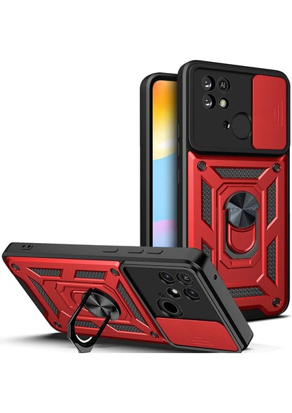 Xiaomi Redmi 10C Kılıf Sert Silikon Tank Aramid Sürgülü Vega Yüzüklü Kırmızı