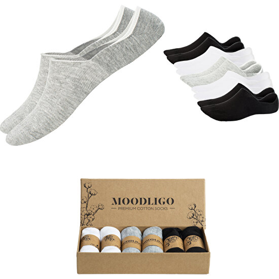 Moodligo Kadın 6'lı Premium Pamuk Görünmez Spor Çorap (Babet Çorap) - 2 Beyaz, 2 Gri, 2 Siyah - Kutulu