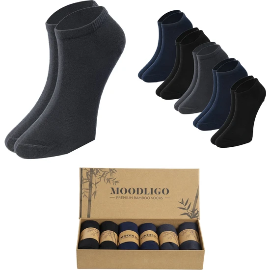 Moodligo Kadın 6'lı Premium Bambu Patik Çorap - 2 Siyah 2 Füme 2 Lacivert - Kutulu