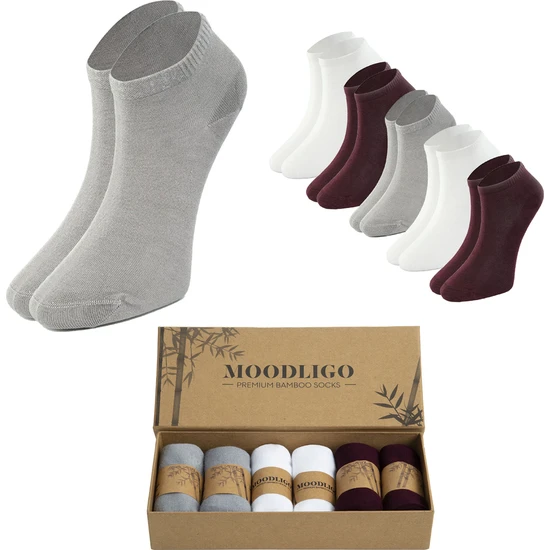 Moodligo Kadın 6'lı Premium Bambu Patik Çorap - 2 Gri 2 Beyaz 2 Bordo - Kutulu