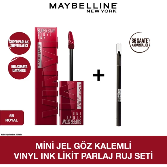 Maybelline Mini Jel Göz Kalemli  Vinyl Ink Uzun Süre Kalıcı Likit Parlak Ruj Seti - 55 Royal
