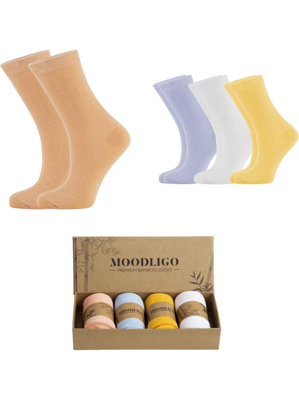 Moodligo Kadın 4'lü Premium Çizgi Desenli Bambu Soket Çorap - Somon / Beyaz / Mavi / Sarı - Kutulu