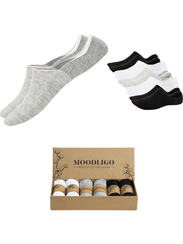 Moodligo Erkek 6'lı Premium Pamuk Görünmez Spor Çorap (Babet Çorap) - 2 Beyaz, 2 Gri, 2 Siyah - Kutulu