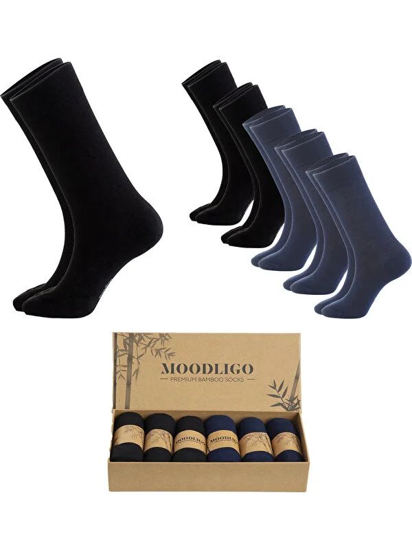 Moodligo Erkek 6'lı Premium Bambu Soket Çorap - 3 Siyah 3 Lacivert - Kutulu