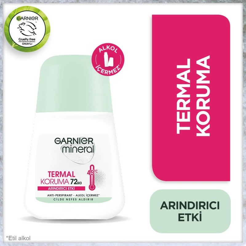 Garnier Mineral Roll-On Deodorant - 72 Saat Etkili, Ferah Koku ve Termal Koruma, Kadınlar için Pudrasız, 50 ml (Tekli)