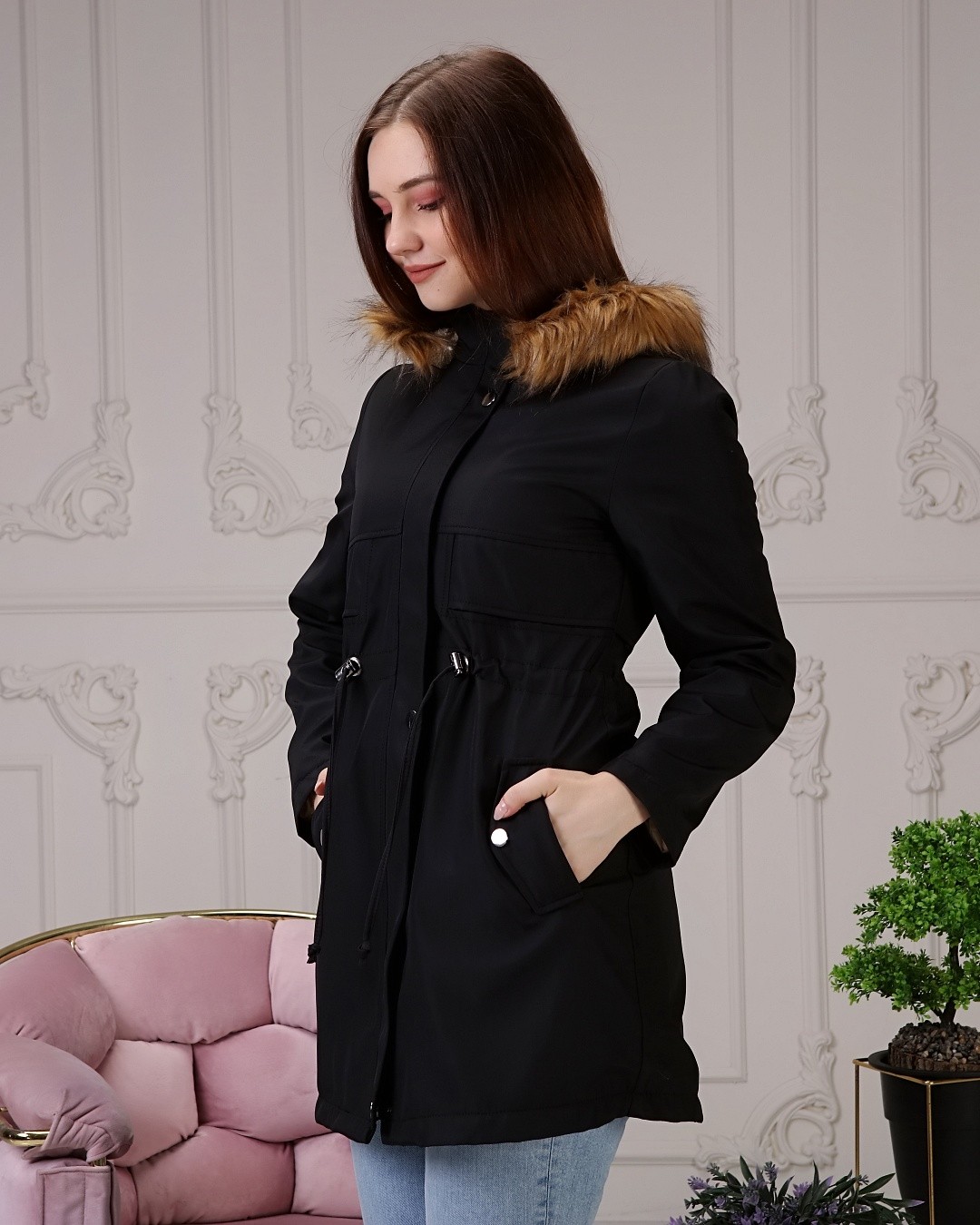 Vibeys Collection Haki Içi Kürklü ve Su Geçirmez Büyük Beden Battal Kadın Kışlık Mont & Kaban