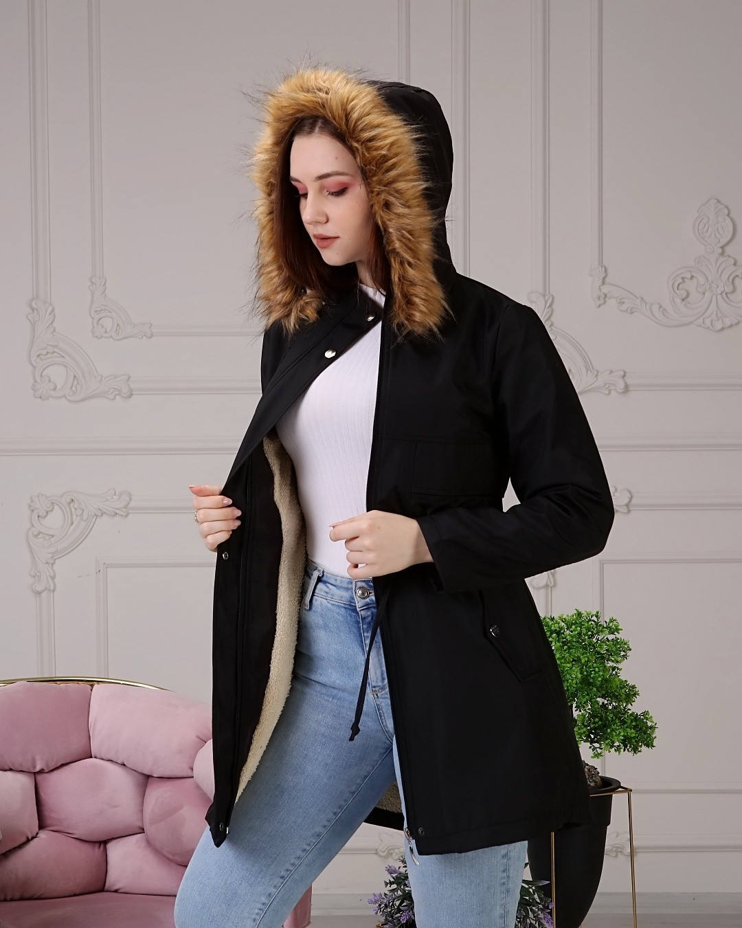Vibeys Collection Haki Içi Kürklü ve Su Geçirmez Büyük Beden Battal Kadın Kışlık Mont & Kaban görsel 2