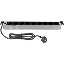 AMP Connect 19" 1u  9 Way Schuko Type (DIN49440) Socket Power Indicator Light, 3x1,5 Mm² Nymhy Cable, DIN49441 Plug Aluminium Profile Frame  Pdu