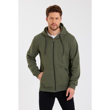 Comeor Haki Kanguru Cepli Kapüşonlu Fermuarlı İçi Pamuklu Erkek Sweatshirt