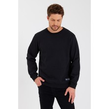 Comeor Siyah Bisiklet Yaka Etiket Detaylı Içi Pamuklu Erkek Sweatshirt
