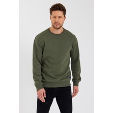 Comeor Haki Bisiklet Yaka Etiket Detaylı Içi Pamuklu Erkek Sweatshirt