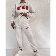 Amor Man Bisiklet Yaka Mıghıgan Baskılı Tam Kışlık 3 Iplik Oversize Sokak Modası Kadın Eşofman Takımı