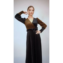 Rengamoda Kadın Leopar Detaylı Ithal Kadife Kumaş Kuşaklı Maxi Elbise