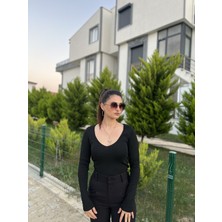 Moon River V Yaka Uzun Kollu Crop Top Bluz