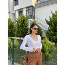 Moon River V Yaka Uzun Kollu Crop Top Bluz