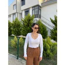 Moon River V Yaka Uzun Kollu Crop Top Bluz