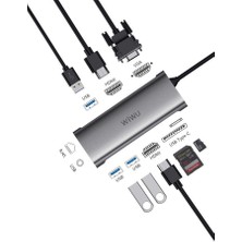 Wiwu Alpha 11312H 11 In 1 Type-C Hub HDMI 4K + VGA + RJ45 Ethernet + Aux Çoğaltıcı Dönüştürücü