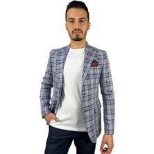 Agustini Lacivert Ekose Blazer Tek Ceket Sivri Yaka Regular Fit | Agustini