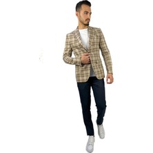 Agustini Bej Ekose Blazer Tek Ceket Sivri Yaka Regular Fit | Agustini