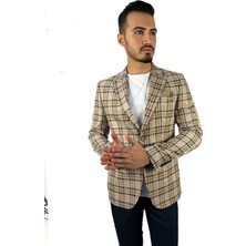 Agustini Bej Ekose Blazer Tek Ceket Sivri Yaka Regular Fit | Agustini