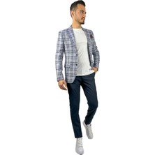 Agustini Lacivert Ekose Blazer Tek Ceket Sivri Yaka Regular Fit | Agustini