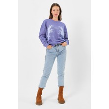 Think Simple Kadın Oversize Baskılı Basıc S-Shırt-Açık Mor