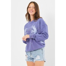 Think Simple Kadın Oversize Baskılı Basıc S-Shırt-Açık Mor
