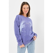 Think Simple Kadın Oversize Baskılı Basıc S-Shırt-Açık Mor