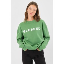 Think Simple Kadın Oversize Baskılı Basıc S-Shırt-Yeşil