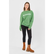 Think Simple Kadın Oversize Baskılı Basıc S-Shırt-Yeşil