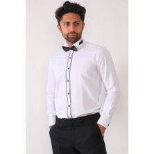 R-Germen Erkek Beyaz Ata Yaka Damatlık Slim Fit Gömlek