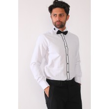 R-Germen Erkek Beyaz Ata Yaka Damatlık Slim Fit Gömlek