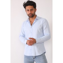 R-Germen Erkek Mikrosaten Gök Mavisi Slim Fit Gömlek