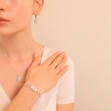 Ravza 925 Ayar Gümüş Trapez Taşlı Kolye-Küpe-Bileklik Set