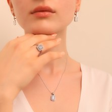 Ravza 925 Ayar Gümüş Trapez Taşlı Kolye-Küpe-Yüzük Set