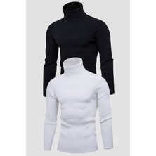 Hanclo Unisex 2’li Hazır Paket Siyah - Beyaz Balıkçı Yaka Kaşkorse Şardonlu Slimfit Boğazlı Kazak