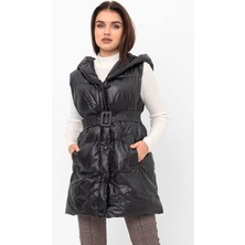 Pastelastore Kapüşonlu Kemerli Cepli Çıtçıtlı Dolgulu Kadın Mevsimlik Şişme Yelek