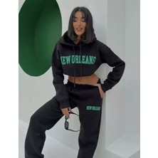 Amor Man Kapüşonlu New Orleans Baskılı Tam Kışlık Süper Oversize Kadın Eşofman Takımı
